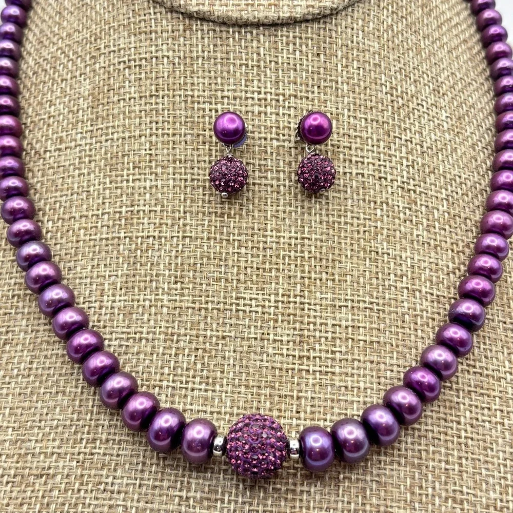 VTG Honora Pearl Necklace Bracelet Earrings Purple Crystal Pendant 925 Clasp 18